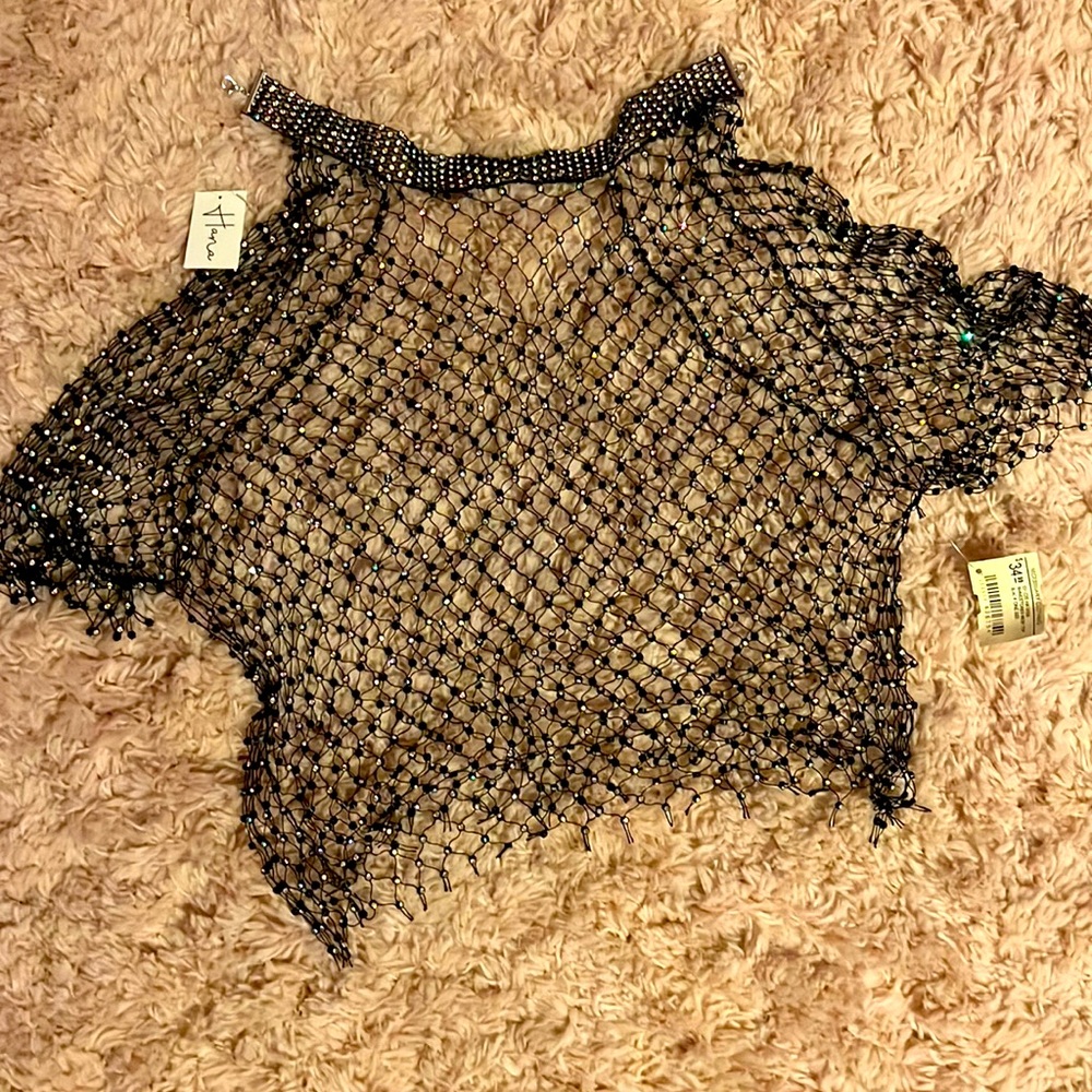 Chic rhinestone mesh top.